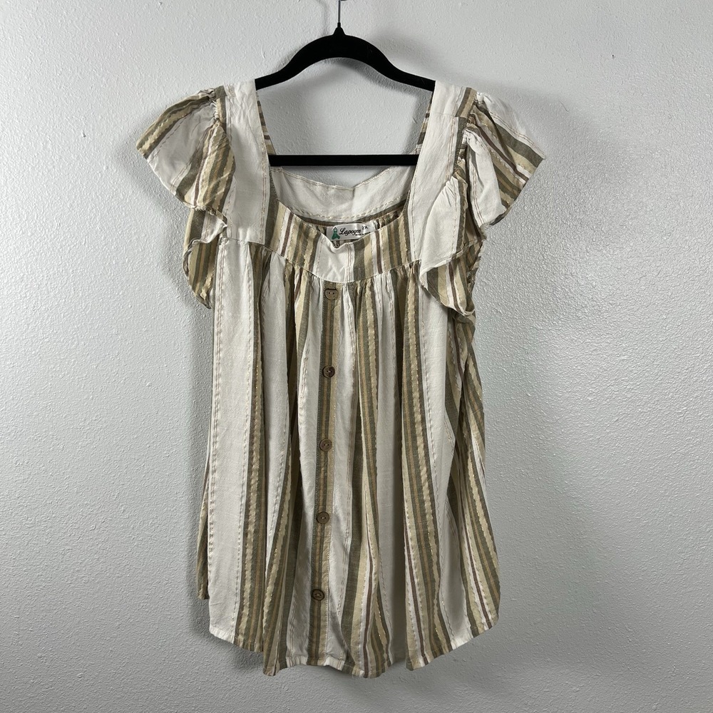 Lapogee Womens 2X Striped Flutter Sleeve Boho Button Front Rayon Top Gold Lurex‎